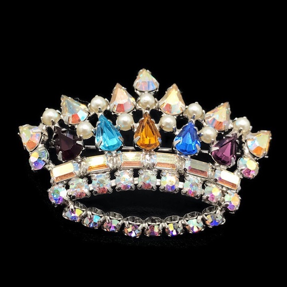 B David Vintage Crown Rhinestone Faux Pearl Multi Color Brooch Pin - Picture 2 of 8